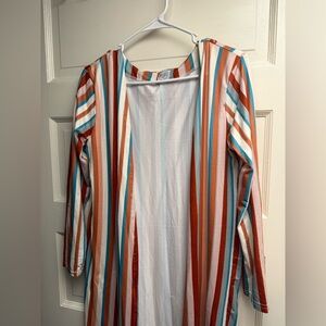 Striped Open Front duster Cardigan – Orange, White & Teal